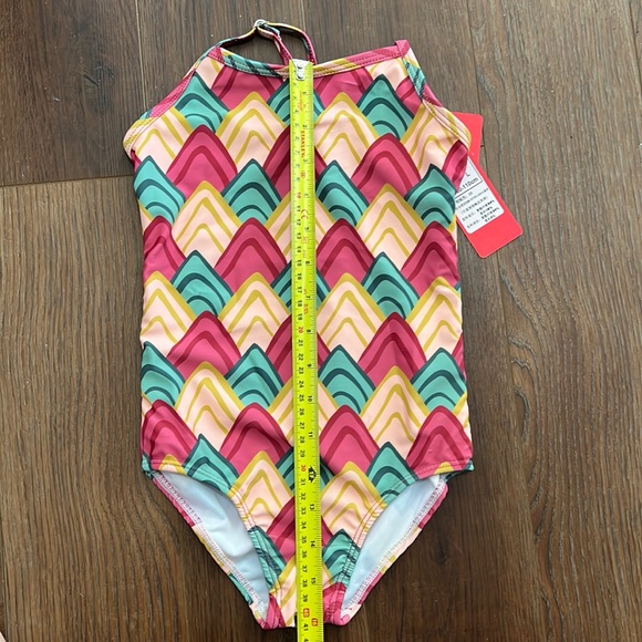 NWT Large one piece swim suit Bathing suit Adj straps red yellow and green lined - Picture 3 of 8